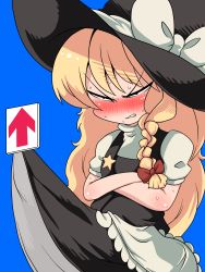 Rule 34 | 1girl, absurdres, angry, apron, arrow (symbol), black hat, black vest, blonde hair, blue background, blush, body blush, bow, braid, clenched teeth, clothes lift, commentary request, cookie (touhou), cowboy shot, crossed arms, frilled apron, frills, gaba physics, glaring, hair bow, hat, hat bow, highres, kirisame marisa, lifting another&#039;s clothes, long hair, red bow, scowl, side braid, simple background, single braid, skirt, skirt lift, solo, star (symbol), suzu (cookie), sweat, teeth, touhou, vest, waist apron, white apron, white bow, witch hat, zat (nicoseiga16862246)