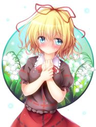 Rule 34 | 1girl, blonde hair, blue eyes, blush, commentary request, flower, frilled shirt collar, frills, hair between eyes, hair ribbon, hands on own chest, highres, lily of the valley, looking at viewer, medicine melancholy, osashin (osada), puffy short sleeves, puffy sleeves, red ribbon, red skirt, ribbon, short hair, short sleeves, skirt, solo, sweatdrop, touhou