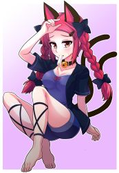 Rule 34 | 1girl, absurdres, alternate hairstyle, animal ears, ankle lace-up, anklet, barefoot, bell, black bow, black jacket, blue shirt, blue shorts, blush, bow, braid, casual, cat ears, cat tail, collar, collarbone, cross-laced footwear, food, food in mouth, gradient background, hair bow, hair ornament, hairpin, highres, jacket, jewelry, jingle bell, kaenbyou rin, long hair, looking at viewer, mouth hold, multiple tails, neck bell, nekomata, open clothes, open jacket, pink background, popsicle, red eyes, red hair, red ribbon, ribbon, shirt, short sleeves, shorts, sidelocks, sitting, smile, solo, sweat, tail, tanakara, touhou, twin braids, two tails
