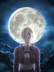 Rule 34 | 1girl, annie leonhart, arms at sides, blonde hair, blue eyes, chest belt, forest, full moon, hair over one eye, highres, jacket, leather, leather jacket, looking at viewer, moon, nature, nene (10575936), night, night sky, paradis military uniform, ponytail, shingeki no kyojin, short hair, sky, solo, swept bangs, wide-eyed