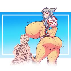 Rule 34 | 1boy, 1girl, alternate body size, alternate breast size, alternate height, animal ears, ass, blunt bangs, bodysuit, breasts, cat ears, feet out of frame, gigantic breasts, gloves, grin, huge ass, impossible bodysuit, impossible clothes, looking to the side, n647, nia (xenoblade), rex (xenoblade), silver hair, smile, standing, thick thighs, thighs, white gloves, xenoblade chronicles (series), xenoblade chronicles 2, yellow bodysuit, yellow eyes