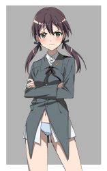 Rule 34 | 1girl, blush, border, breasts, brown eyes, brown hair, closed mouth, crossed arms, feet out of frame, gertrud barkhorn, grey background, hair ornament, hair ribbon, highres, looking at viewer, medium breasts, medium hair, military, military uniform, naguramu, navel, panties, ribbon, shiny skin, simple background, solo, standing, strike witches, twintails, underwear, uniform, white border, white panties, world witches series