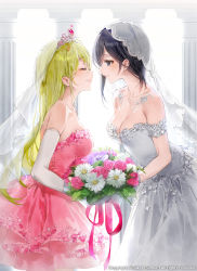 Rule 34 | 2girls, bare shoulders, black hair, blonde hair, bouquet, breasts, bridal veil, bride, cleavage, closed eyes, couple, cowboy shot, dress, dsmile, elbow gloves, facing another, female focus, floral dress, flower, furutachi ren, gloves, grey dress, grey eyes, hayahoshi akuru, highres, holding, holding bouquet, imminent kiss, leaning forward, long hair, looking at another, medium breasts, medium hair, multiple girls, official art, oshi no love yori koi no love, pillar, pink dress, pink flower, pink rose, purple flower, rose, smile, sparkle, strapless, strapless dress, tiara, veil, wedding dress, white flower, wife and wife, yuri