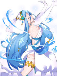 Rule 34 | 1340smile, 1girl, absurdres, anklet, arms up, azura (fire emblem), back, backless dress, backless outfit, blue hair, blush, breasts, closed eyes, commentary, dancer, dancing, detached sleeves, dress, elbow gloves, english commentary, fire emblem, fire emblem fates, fire emblem heroes, gloves, hair between eyes, highres, hydrokinesis, jewelry, long hair, medium breasts, music, nintendo, open mouth, simple background, singing, sleeveless, sleeveless dress, solo, twitter username, veil, very long hair, water, white dress, white gloves, white sleeves, white veil