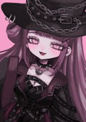 Rule 34 | 1girl, black collar, black hat, black jacket, blunt bangs, breasts, chain, cleavage, collar, commission, hair ornament, hat, hat belt, hat chain, heart, heart necklace, highres, jacket, jewelry, long hair, looking at viewer, medium breasts, necklace, open mouth, original, pink background, pink eyes, purple hair, shiona (siona0625), skeb commission, smile, solo, spiked collar, spikes, straight hair, upper body, x hair ornament