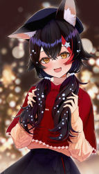 Rule 34 | 1girl, absurdres, animal ears, black hair, black skirt, blurry, blurry background, blush, flower hair ornament, hair ornament, hat, highres, hololive, hololive gamers, kazuna (minekazuna), looking at viewer, multicolored hair, ookami mio, open mouth, pink sweater, red hair, skirt, smile, solo, standing, star (symbol), star hair ornament, sweater, twintails, two-tone hair, upper body, virtual youtuber, wolf ears, yellow eyes