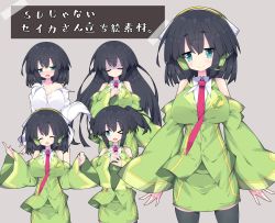 Rule 34 | &gt; o, 1girl, :&lt;, :d, ^ ^, black hair, black thighhighs, blue eyes, blush, breasts, cleavage, closed eyes, closed mouth, clothing cutout, collared shirt, commentary request, dress shirt, green jacket, green skirt, grey background, hair between eyes, headphones, highres, jacket, kyoumachi seika, large breasts, long hair, long sleeves, milkpanda, multiple views, necktie, off shoulder, one eye closed, open mouth, red neckwear, shaded face, shirt, shoulder cutout, simple background, skirt, sleeves past wrists, smile, thighhighs, translation request, very long hair, voiceroid, white shirt, wide sleeves