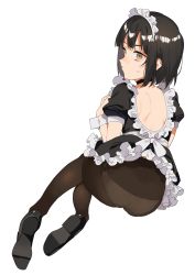 Rule 34 | 1girl, 2l (2lsize), absurdres, ass, backless dress, backless outfit, black choker, black dress, black footwear, black hair, black pantyhose, brown eyes, choker, dress, frilled dress, frills, highres, looking at viewer, maid, maid headdress, original, panties, panties under pantyhose, pantyhose, puffy short sleeves, puffy sleeves, short hair, short sleeves, simple background, solo, underwear, white background, wrist cuffs