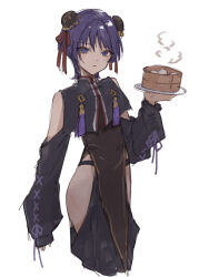 Rule 34 | 1boy, bun cover, chinese clothes, clothing request, crossdressing, dress, dumpling, food, genshin impact, highres, holding, holding plate, holding tray, looking at viewer, off-shoulder dress, off shoulder, plate, purple eyes, purple hair, scaramouche (genshin impact), short hair, solo, tray, white background, yamabuki (yamabuki xxxxx)