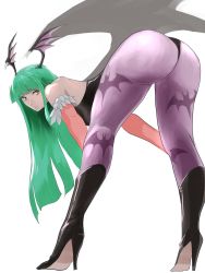 Rule 34 | 1girl, ass, bare shoulders, bent over, boots, bridal gauntlets, demon girl, embarrassed, from behind, green eyes, green hair, head wings, high heel boots, high heels, highres, huge ass, leaning, leaning forward, leotard, long hair, looking at viewer, meke (77842928), morrigan aensland, pantyhose, shiny clothes, shiny skin, solo, thong leotard, vampire (game), very long hair, wings