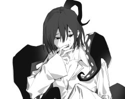 Rule 34 | 1boy, androgynous, blood, blood on face, collarbone, finger to mouth, greyscale, hair between eyes, hand up, highres, licking, licking finger, long sleeves, looking away, male focus, monochrome, original, oversized clothes, pajamas, pectoral cleavage, pectorals, short hair, sleeves past wrists, solo, spleen211, tentacles, tentacles on male, tongue, tongue out, upper body