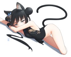 Rule 34 | 1girl, animal ears, armpits, bare shoulders, black dress, black gloves, black hair, blue archive, breasts, cat ears, cat tail, china dress, chinese clothes, double bun, dragon print, dress, gloves, grey eyes, hair bun, hair ornament, highres, kijikoru, kisaki (blue archive), long hair, looking at viewer, lying, navel, no panties, on side, small breasts, solo, tail, twintails