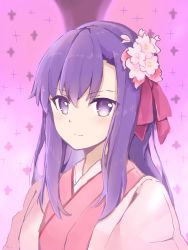 Rule 34 | 1girl, absurdres, blush, bow, closed mouth, commentary request, fate/grand order, fate (series), flower, hair between eyes, hair bow, hair flower, hair ornament, highres, japanese clothes, kimono, kiri sakura, long hair, looking at viewer, matou sakura, parvati (fate), pink flower, pink kimono, purple eyes, purple hair, red bow, smile, solo, upper body