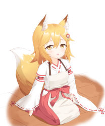 Rule 34 | 1girl, absurdres, animal ear fluff, animal ears, apron, blonde hair, brown apron, collarbone, commentary request, fang, fingernails, flower, fox ears, fox girl, fox tail, hair between eyes, hair flower, hair ornament, hakama, highres, japanese clothes, kimono, long sleeves, looking at viewer, parted lips, red flower, red hakama, ribbon-trimmed sleeves, ribbon trim, roido (taniko-t-1218), seiza, senko (sewayaki kitsune no senko-san), sewayaki kitsune no senko-san, sitting, sleeves past wrists, smile, solo, tail, white kimono, yellow eyes
