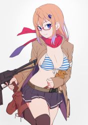Rule 34 | 1girl, ahoge, as val, as val (girls&#039; frontline), assault rifle, automatic rifle, belt, bikini, bikini top only, black thighhighs, blonde hair, boots, breasts, commentary, front-tie bikini top, front-tie top, girls&#039; frontline, glasses, gun, hair ornament, integrally-suppressed firearm, jacket, kalashnikov rifle, leg up, long sleeves, looking at viewer, medium breasts, open clothes, open jacket, pleated skirt, rifle, scarf, short hair, simple background, skirt, sohin, solo, striped bikini, striped bikini top, striped clothes, stuffed animal, stuffed toy, swimsuit, teddy bear, thighhighs, toz (tulsky oruzheiny zavod), trigger discipline, tsniitochmash, tula arms plant, weapon, white background