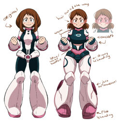 Rule 34 | 1girl, armor, armored boots, arrow (symbol), back brace, blue armor, blue bodysuit, blush stickers, bodysuit, boku no hero academia, boots, breasts, brown eyes, brown hair, character sheet, clenched hands, commentary, concept art, crotch plate, english commentary, english text, fingerless gloves, gloves, goggles, hair behind ear, highres, large breasts, leg armor, looking at viewer, medium hair, mto, multicolored armor, multiple views, pink-tinted eyewear, pink armor, redesign, reference inset, shoulder armor, smile, superhero costume, tinted eyewear, uraraka ochako, white armor