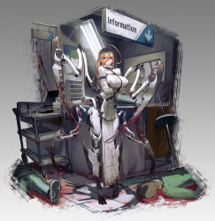 Rule 34 | 1girl, 2boys, absurdres, ahoge, blood, blood on clothes, blood on face, bloody weapon, blue eyes, bound, bound arms, breasts, corpse, cyborg, death, desk, extra arms, full body, hair between eyes, highres, hospital, hospital gown, huge ahoge, huge breasts, long hair, looking at viewer, lovefix, mechanical arms, mechanical legs, multiple boys, orange hair, original, pelvic curtain, standing, straitjacket, weapon