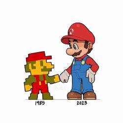 Rule 34 | 1985, 2023, 2boys, blue eyes, brown hair, dual persona, facial hair, fist bump, full body, gloves, hat, highres, looking at another, mario, mario (series), multiple boys, mustache, nintendo, overalls, side bun, smile, super mario bros. 1, the super mario bros. movie, zeoarts