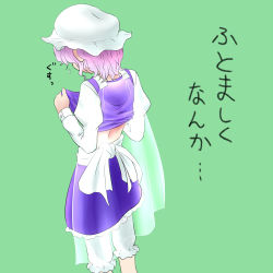 Rule 34 | 1girl, clothes lift, from behind, hat, letty whiterock, natsu no koucha, purple hair, shirt lift, short hair, solo, touhou, weight conscious