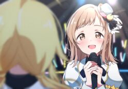 Rule 34 | 2girls, ahoge, blonde hair, blurry, blurry background, blurry foreground, blush, bow, brown eyes, brown hair, dot nose, dress, feathers, glowstick, hachimiya meguru, hair ornament, hat, highres, holding, holding microphone, idolmaster, idolmaster shiny colors, long hair, long sleeves, looking at another, low twintails, microphone, mini hat, multiple girls, open mouth, reikakrzk, ribbon, sakuragi mano, smile, spotlight, stage, stage lights, staring, twintails, white dress