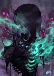 Rule 34 | 1girl, 2017, absurdres, black nails, bright pupils, dated, fingernails, hair over one eye, half-closed eyes, highres, holding, little witch academia, long hair, looking at viewer, nail polish, open mouth, purple hair, red eyes, sharp teeth, skull, smile, solo, straight hair, sucy manbavaran, teeth, upper body, vial, yotsuyu