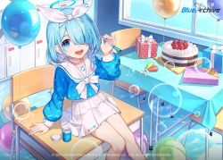 Rule 34 | 1girl, arona (blue archive), baek hyang, balloon, blue archive, blue eyes, blue hair, box, blowing bubbles, cake, choker, colored inner hair, food, fruit, gift, gift box, hair over one eye, hairband, halo, indoors, long sleeves, looking at viewer, medium hair, multicolored hair, official art, open mouth, party horn, pink hair, sitting, skirt, smile, strawberry, white choker, white hairband, white skirt
