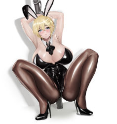 Rule 34 | 1girl, absurdres, animal ears, armpits, arms behind head, arms up, ass, between breasts, black bow, black bowtie, black headband, black leotard, black pantyhose, blonde hair, blue eyes, blush, bow, bowtie, breasts, cleavage, cuffs, detached collar, fake animal ears, full body, gcg, girls&#039; frontline, hair between eyes, handcuffs, headband, high heels, highres, huge breasts, leotard, mole, mole under eye, pantyhose, playboy bunny, shadow, shiny clothes, shiny skin, short hair, simple background, solo, spread legs, squatting, taut leotard, thighs, vsk-94 (girls&#039; frontline), white background