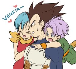 Rule 34 | 1girl, 2boys, :d, annoyed, aqua hair, armor, bare shoulders, black eyes, black hair, blue bodysuit, blue eyes, bodysuit, bulma, character name, clenched teeth, closed eyes, couple, dougi, dragon ball, dragonball z, dress, earrings, family, father and son, happy, heart, husband and wife, index finger raised, jewelry, kerchief, looking away, mother and son, multiple boys, neck, nervous, open mouth, outstretched arm, pointing, purple hair, red dress, scarf, short hair, simple background, smile, spiked hair, sweatdrop, teeth, tkgsize, trunks (dragon ball), upper body, vegeta, white armor, white background, wristband, yellow scarf