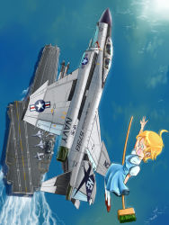 Rule 34 | 1girl, ahoge, aircraft, aircraft carrier, aircraft catapult, airplane, broom, broom riding, f-4 phantom ii, fighter jet, flying, from above, glasses, inui (jt1116), jet, kitty hawk class aircraft carrier, military, military vehicle, ocean, original, ship, sidesaddle, solo, united states navy, uss constellation (cv 64), vehicle focus, vf-96 fighting falcons, warship, watercraft, witch