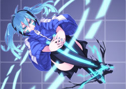 Rule 34 | 1girl, blue eyes, blue hair, ene (kagerou project), headphones, kagerou project, long hair, looking at viewer, matsuryuu, smile, solo, thighhighs, twintails