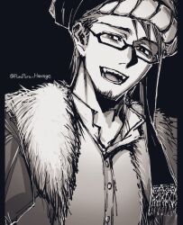Rule 34 | 1boy, black background, facial hair, fate/grand order, fate (series), fur-trimmed jacket, fur trim, glasses, greyscale, hair between eyes, jacket, looking at viewer, male focus, mehmed ii (fate), monochrome, open mouth, purupuru hanage, shirt, short hair, signature, simple background, smile, stubble, turban, upper body