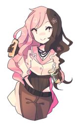Rule 34 | 1girl, :&gt;, belt, breasts, burrito, buttons, cleavage, coffee, food, gloves, jewelry, long hair, long sleeves, md5 mismatch, medium breasts, multicolored hair, necklace, neo politan, rwby, sil (panchuari), sleeve cuffs, solo, split-color hair, starbucks