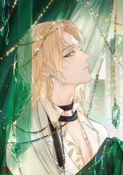 Rule 34 | 1boy, alkaid mcgrath, bead curtain, black choker, blonde hair, choker, circlet, city, collared shirt, curtains, earrings, facing up, gem, glint, green eyes, green gemstone, indoors, jacket, jewelry, lapels, looking at viewer, lovebrush chronicles, male focus, medium hair, notched lapels, parted bangs, parted lips, partially unbuttoned, profile, shawl lapels, shirt, sideways glance, solo, stud earrings, transparent curtains, upper body, vest, white gemstone, white jacket, white shirt, white vest, window, xuedaixun