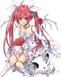 Rule 34 | 1girl, ahoge, choker, collarbone, date a live, dress, elbow gloves, flower, gloves, hair between eyes, hair ribbon, hibiki mio, holding, holding flower, itsuka kotori, jewelry, kneehighs, long hair, looking at viewer, necklace, red eyes, red flower, red hair, ribbon, short dress, simple background, sitting, sleeveless, sleeveless dress, socks, solo, strapless, strapless dress, twintails, very long hair, white background, white dress, white gloves, white socks, white ribbon, wings