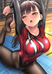 Rule 34 | 1girl, arms up, athletic leotard, blush, breasts, brown hair, brown pantyhose, covered navel, feet, gymnast leotard, highres, indoors, kase daiki, large breasts, leotard, long hair, long sleeves, looking away, mole, mole under mouth, no shoes, open mouth, original, pantyhose, soles, solo, very long hair, wooden floor, yellow eyes