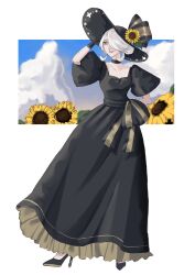 1girl alternate_costume black_dress black_gloves black_hat blue_sky cloud cloudy_sky cogita_(pokemon) creatures_(company) dress field flower flower_field game_freak gloves grey_eyes hair_over_one_eye hat hat_flower high_heels highres marumi_(im_60z) mature_female nintendo parted_lips pokemon pokemon_legends:_arceus puffy_short_sleeves puffy_sleeves short_sleeves sky smile solo square_neckline sun_hat sunflower sunflower_field white_hair