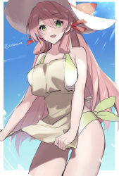 Rule 34 | 1girl, akashi (kancolle), apron, bikini, blue sky, blunt tresses, breasts, brown apron, cloud, commentary request, cowboy shot, gradient bikini, green eyes, hair ribbon, hat, highres, kantai collection, large breasts, long hair, looking at viewer, official alternate costume, one-hour drawing challenge, picoli1313, pink hair, ribbon, side-tie bikini bottom, sky, solo, sun hat, swimsuit, thigh gap, tress ribbon, white bikini, white hat