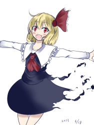 Rule 34 | 1girl, ascot, black skirt, blonde hair, blush, collar, collarbone, cowboy shot, dated, fang, frilled collar, frills, hair between eyes, hair ribbon, nintoku, open mouth, outstretched arms, red eyes, ribbon, rumia, simple background, skirt, smile, solo, torn clothes, touhou, vest, white background