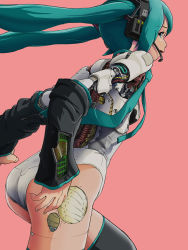 Rule 34 | 1girl, android, aqua eyes, aqua hair, ass, black thighhighs, detached sleeves, hatsune miku, headset, long hair, looking back, mechanical parts, necktie, pink background, simple background, solo, sukabu, thighhighs, twintails, vocaloid