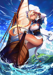 Rule 34 | blonde hair, blue bow, boat, bow, breasts, cleavage, cloud, commentary, dark-skinned female, dark skin, day, elf, hair bow, hololive, kainown, large breasts, long hair, one eye closed, outdoors, pelvic curtain, pointy ears, ponytail, red eyes, rope, sail, sailboat, sailing, shiranui flare, shiranui flare (old design), sidelocks, sunlight, swept bangs, virtual youtuber, water, watercraft