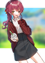 Rule 34 | 1girl, alternate costume, bow, cardigan, casual, drinking straw, dutch angle, ear piercing, finger to mouth, frappuccino, hair bow, heterochromia, high-waist skirt, highres, hololive, houshou marine, nail polish, piercing, ponytail, red eyes, red hair, red nails, same jarashi, skirt, solo, starbucks, virtual youtuber, yellow eyes
