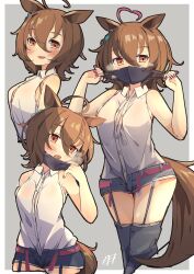 Rule 34 | 1girl, absurdres, agnes tachyon (umamusume), ahoge, alternate costume, animal ears, bare shoulders, black thighhighs, border, breasts, brown hair, chemical structure, commentary request, cowboy shot, earrings, garter straps, grey background, hair between eyes, highres, horse ears, horse girl, horse tail, jewelry, looking at viewer, mask, medium breasts, mouth mask, nail polish, open mouth, red eyes, shirt, short hair, sideboob, single earring, sleeveless, sleeveless shirt, smile, tail, teeth, thighhighs, umamusume, upper teeth only, white border, white shirt, woruta (soloistlist)