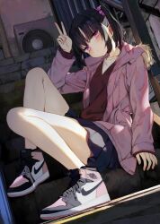 Rule 34 | 1girl, air jordan, air jordan 1, arm up, bare legs, bare legs girl (kamizaki hibana), black hair, black skirt, collar, drawstring, dutch angle, eyes visible through hair, fingernails, fur-trimmed hood, fur trim, hair ornament, hood, hood down, jacket, kamizaki hibana, knees up, long sleeves, looking at viewer, nike (company), no socks, open clothes, open jacket, original, outdoors, pink eyes, pink jacket, pleated skirt, scenery, shadow, shoes, short twintails, sitting, sitting on stairs, skirt, sleeves past wrists, sneakers, solo, stairs, tan sweater, twintails, v