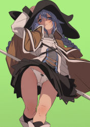 Rule 34 | 1girl, arm up, black skirt, black socks, blue eyes, blue hair, boots, bow, bow panties, braid, brown cape, cape, closed mouth, clothes lift, collared shirt, cowboy shot, fu-ta, green background, hair between eyes, hat, high collar, highres, holding, holding polearm, holding weapon, knee boots, kneehighs, knees, long hair, long sleeves, looking at viewer, matching hair/eyes, mushoku tensei, panties, pantyshot, polearm, roxy migurdia, shirt, sidelocks, simple background, skirt, skirt lift, socks, solo, standing, thigh gap, thighs, twin braids, underwear, upskirt, weapon, white panties, wind, wind lift, witch hat, wrist cuffs