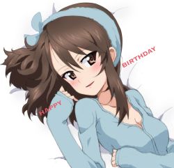 Rule 34 | 1girl, bed sheet, birthday, blue headband, blue shirt, blush, brown eyes, brown hair, commentary, dutch angle, english text, girls und panzer, happy birthday, headband, kayabakoro, long hair, long sleeves, looking at viewer, lying, messy hair, mika (girls und panzer), no headwear, on back, on bed, open mouth, parted lips, shirt, sleepwear, sleeves past wrists, smile, solo