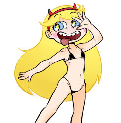 Rule 34 | 1girl, bikini, blonde hair, blue eyes, fake horns, hairband, heart cheeks, horns, long hair, open mouth, simple background, solo, star butterfly, star vs the forces of evil, swimsuit, tongue, tongue out, white background