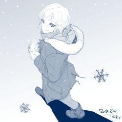 Rule 34 | 1girl, absurdres, anastasia (idolmaster), blue theme, boots, from above, from side, full body, highres, holding, hood, hoodie, hot drink, idolmaster, idolmaster cinderella girls, looking at viewer, looking up, monochrome, pantyhose, short hair, simple background, smile, snow, snowflakes, snowing, solo, steam, sweater, tocky, walking