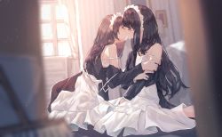 Rule 34 | 2girls, absurdres, apron, bare shoulders, benevole, black dress, black hair, blurry, blurry foreground, bra, closed eyes, dress, from side, hairband, hand on another&#039;s arm, highres, indoors, kiss, light particles, long hair, long sleeves, maid, maid headdress, multiple girls, off shoulder, open clothes, original, sidelocks, strap slip, underwear, white apron, white bra, white hairband, window, yuri