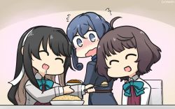 Rule 34 | 3girls, ahoge, black hair, blazer, blue hair, blunt bangs, blush, bow, bowtie, brown hair, closed eyes, collared shirt, commentary request, curry, curry rice, dated, drooling, fang, feeding, flying sweatdrops, food, from behind, gotland (kancolle), hair bun, hair down, hair ribbon, hairband, halterneck, hamu koutarou, happy, highres, jacket, kantai collection, kishinami (kancolle), long hair, long sleeves, looking back, military, military uniform, mole, mole under eye, multiple girls, naganami (kancolle), one-hour drawing challenge, open mouth, pink hair, remodel (kantai collection), ribbon, rice, saliva, school uniform, shirt, short hair, single hair bun, skin fang, uniform, upper body, wavy hair, wavy mouth, white hairband, white shirt