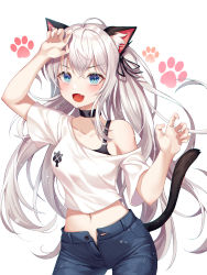 Rule 34 | :d, absurdres, ahoge, animal ear fluff, animal ears, arms up, black ribbon, blue eyes, breasts, cat girl, cat tail, choker, claw pose, collarbone, commentary request, cowboy shot, crossed bangs, denim, fang, hair between eyes, hair ribbon, highres, jeans, long hair, medium breasts, midriff, navel, oert129, off-shoulder shirt, off shoulder, open fly, open mouth, original, pants, paw print, ribbon, shirt, silver hair, slit pupils, smile, tail, tongue, very long hair, white shirt